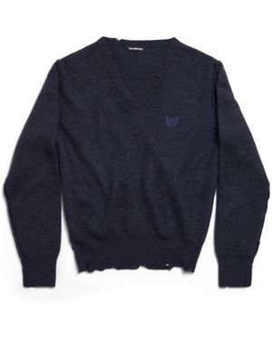 Balenciaga Laurel Classic V-Neck Destroyed Jumper - Blue