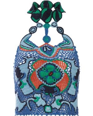 Etro Cotton Crop Top With Crochet-Effect Floral Pattern - Blue