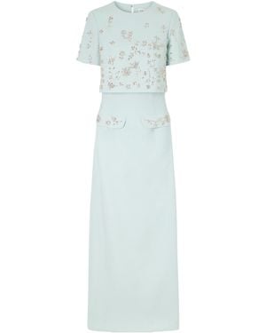 Oscar de la Renta Crystal-Floral Embroidered Stretch-Wool Gown - Blue