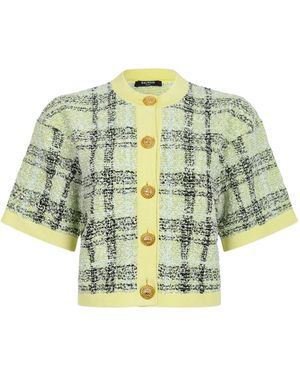 Balmain Buttoned Check Tweed Cardigan - Green