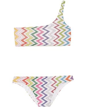 Missoni One-Shoulder Striped Metallic Crochet-Knit Bikini - White