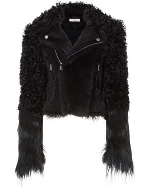 Fendi Blouson Patchwork Shearling Biker Jacket - Black