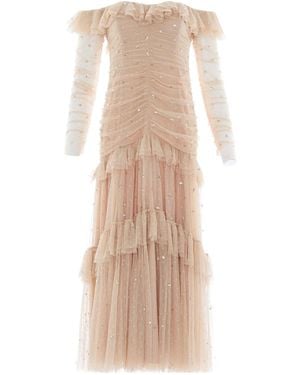 Needle & Thread Sequined Pleated Off-The-Shoulder Gown - Natural