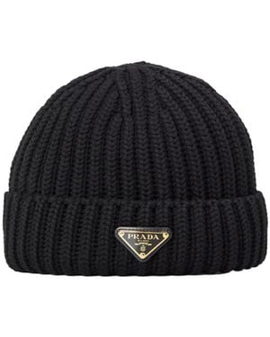 Prada Classic Logo Knit Hat - Black
