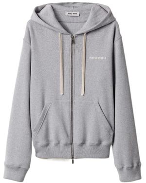 Miu Miu Drawstring Zip-Up Hoodie - Gray