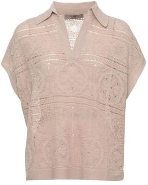 D.exterior Lace Knit Sleeveless Polo Top - Natural