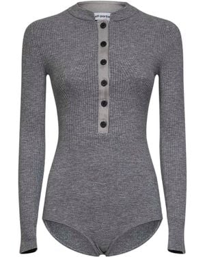 Self-Portrait Ribbed Button Long-Sleeve Bodysuit - Gray