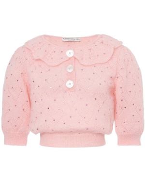 Alessandra Rich Embellished Short Puff Sleeved Knitted Top - Pink