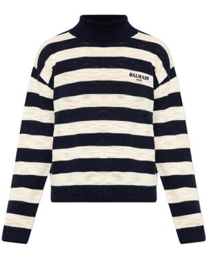 Balmain Striped Logo Turtleneck Knitted Jumper - Blue