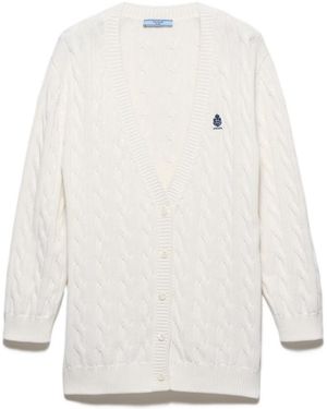 Prada Cable-Knit Logo Cardigan - White