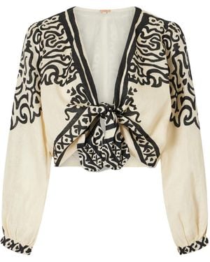 Johanna Ortiz Markings Tie-Detailed Printed Linen Cropped Top - Black