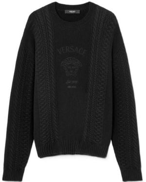 Versace Medusa Logo-Embroidered Cable-Knitted Jumper - Black