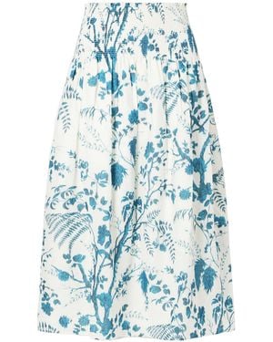Erdem Shirred Floral-Print Cotton And Linen-Blend Midi Skirt - Blue