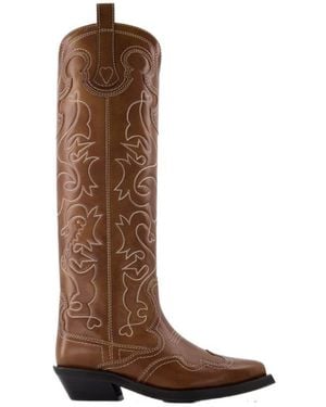 Ganni Embroidered-Detail Cowboy Boots - Brown