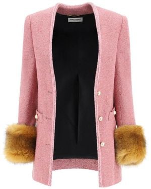 Saint Laurent Faux-Fur Detail Fitted Jacket - Pink