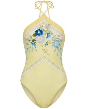 Self-Portrait Floral Print Halterneck Swimsuit - Blue