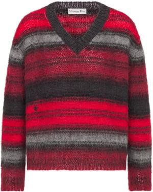 Dior Christian Striped V-Neck Sweater - Red