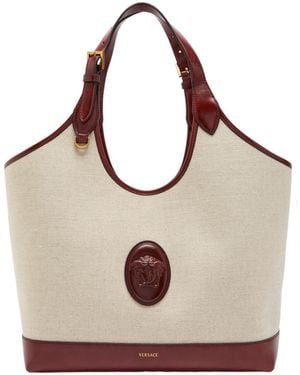 Versace Large Leather And Canvas Tote Bag - Natural