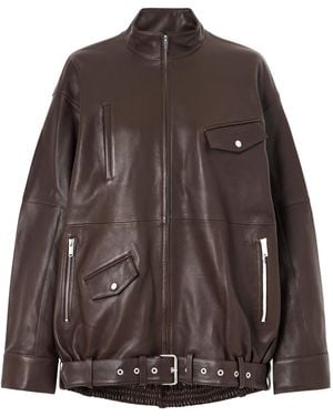 Tibi Belted Leather Bomber Jacket - Brown