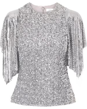Rabanne Chainmail-Trimmed Sequined Mesh Blouse - Gray
