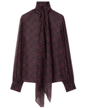 Burberry Lina Check Silk Neck-Scarf Button-Down Shirt - Purple