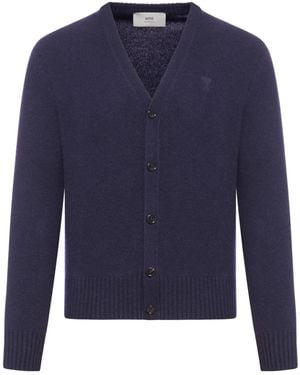 Ami Paris Logo Embroidered V-Neck Cardigan - Blue
