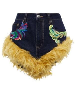 Area Mohair Fur-Trimmed Embroidered Shorts - Blue