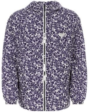 Prada Hibiscus-Print Hooded Windbreaker - Blue