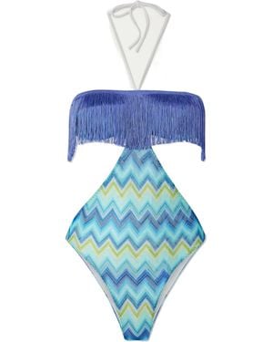 Missoni Mare Cutout Fringed Striped Crochet-Knit Swimsuit - Blue