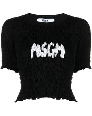 MSGM Logo-Printed Smocked Cropped Top - Black