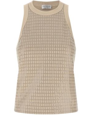 Brunello Cucinelli Dazzling Check Embroidery Jersey Top - Natural