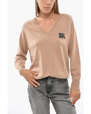 Ermanno Scervino V-Neck Sweater With Rhinestone-Embellished Patch - Gray