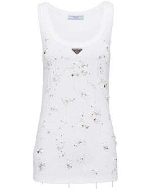 Prada Cotton Embellished Sleeveless Top - White