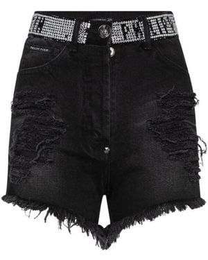Philipp Plein And Logo Details Denim Shorts - Black