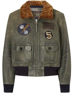 RRL Harper Plush-Trimmed Appliquéd Leather Bomber Jacket - Green