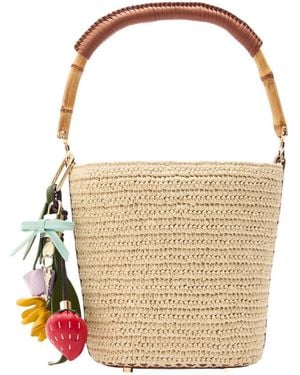 Self-Portrait Charm-Embellished Leather And Raffia Bucket Bag - White