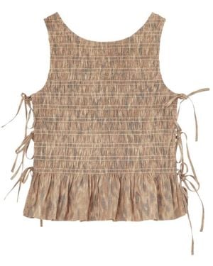 Ganni Smocked Tie-Detail Top - Natural