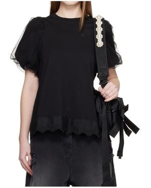 Simone Rocha Sheer Puff Sleeve Lace Trim T-Shirt - Black