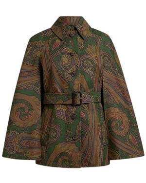 Etro Cotton Gabardine Trench Coat-Style Cape With Paisley Motif - Green