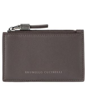 Brunello Cucinelli Calfskin Card Case With Shiny Zipper Pull - Gray