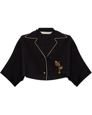 Palm Angels Palm Embroidered Cropped Bowling Shirt - Black