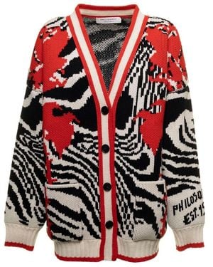 Philosophy Di Lorenzo Serafini Zebra-Pattern Virgin Wool Cardigan - Red