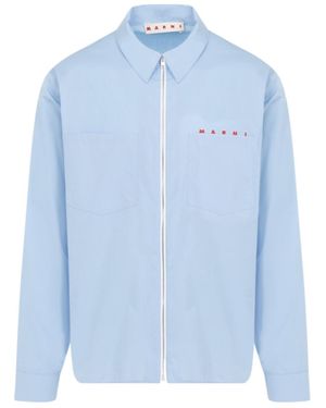Marni Logo-Printed Long-Sleeved Zipped Shirt - Blue