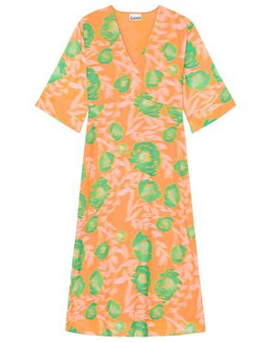 Ganni Floral-Printed V-Neck Midi Dress - Yellow