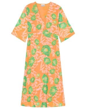 Ganni Floral-Printed V-Neck Midi Dress - Yellow