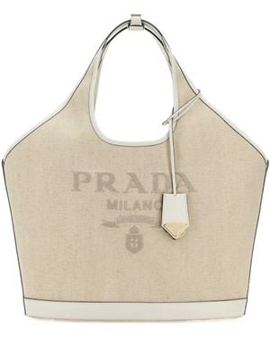 Prada Logo-Detailed Large Top Handle Bag - Natural