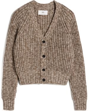 Ami Paris Long Sleeved Knitted Cardigan - Brown
