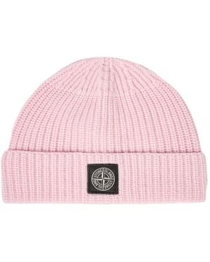 Stone Island Beanie With Compass Patch And Ribbed Cuff - Pink