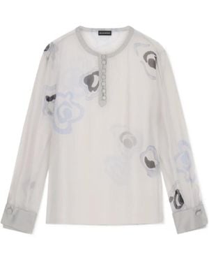 Emporio Armani Long-Sleeved Round-Neck Printed Silk Shirt, Same Style As On The Runway - White