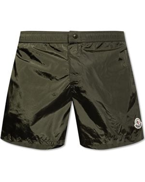 Moncler Logo Patch Stripe Detailed Swim Shorts - Green
